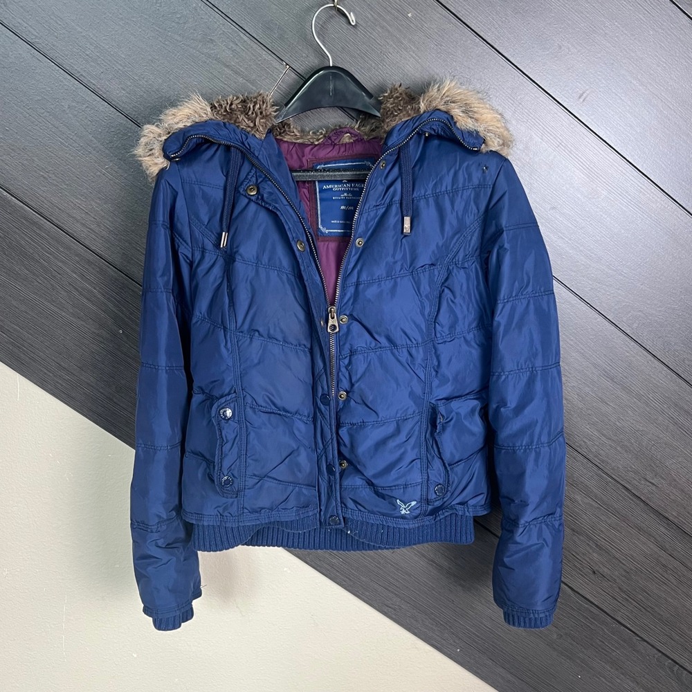 American Eagle Outfitters Women's Down Puffer Jacket Fur Hood Blue Medium Y2K